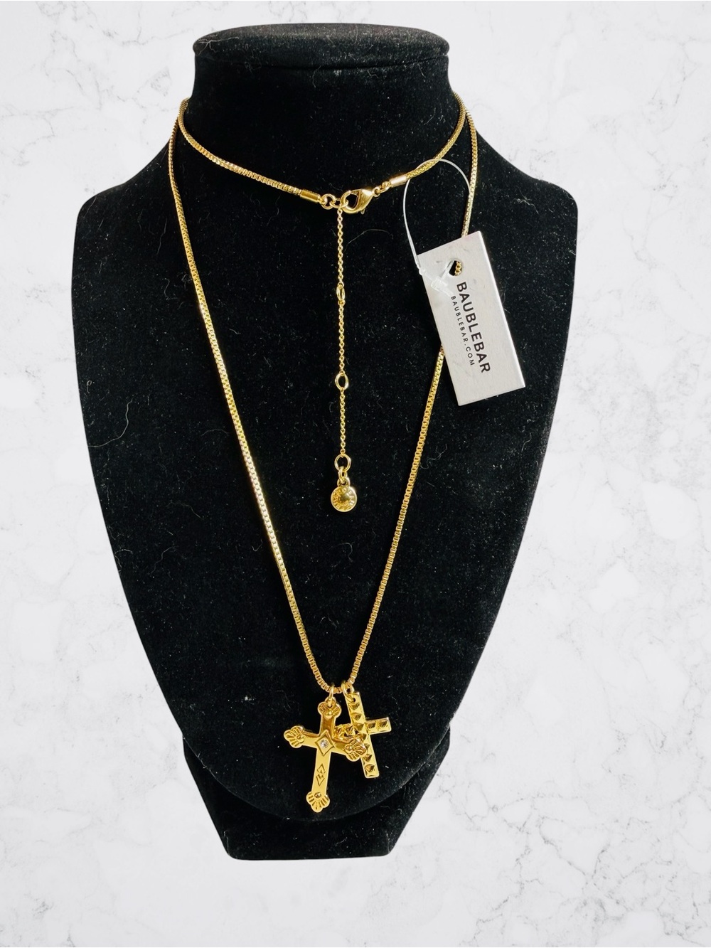 Baublebar Dual Cross Rhinestone Gold Tone Statement Necklace 28” Box Chain NWT - Picture 1 of 9